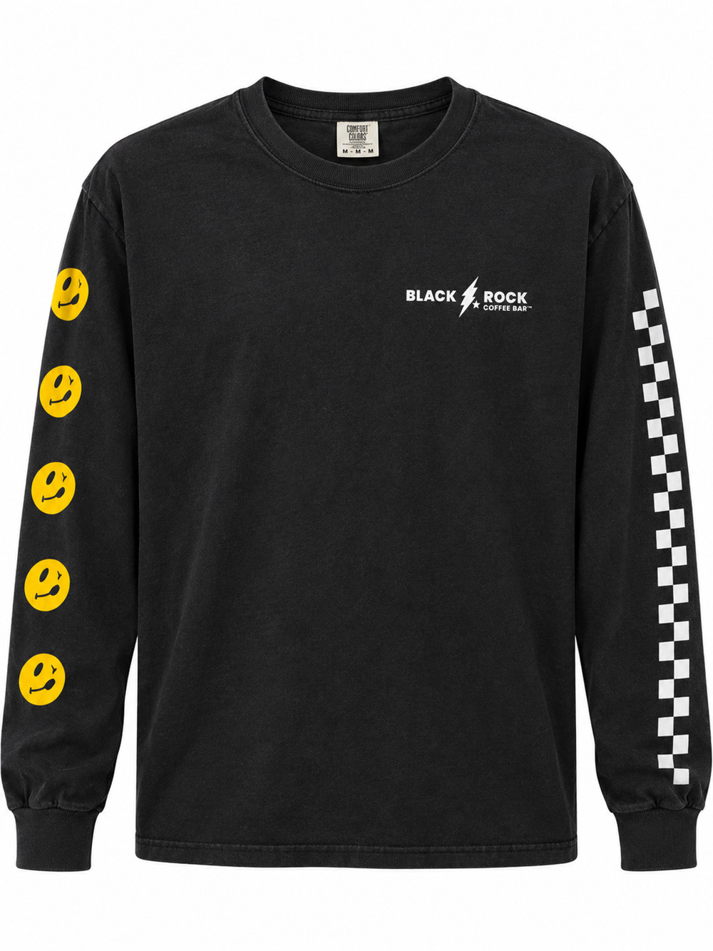 Black Rock Coffee Bar T-Shirt Long Sleeve Mens Medium Black Smiley Graphic Tee